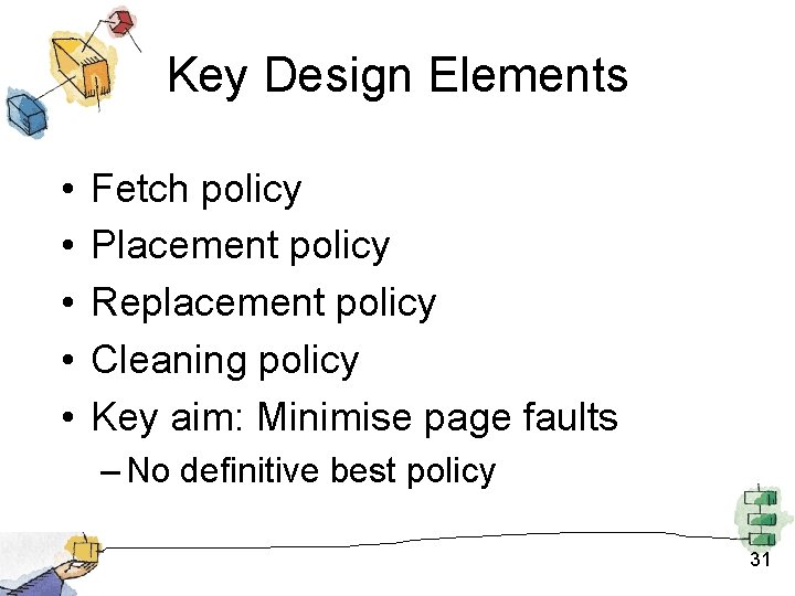 Key Design Elements • • • Fetch policy Placement policy Replacement policy Cleaning policy