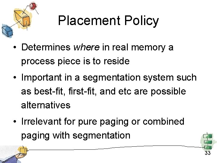 Placement Policy • Determines where in real memory a process piece is to reside