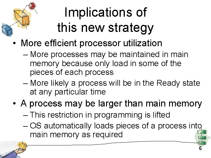 Implications of this new strategy • More efficient processor utilization – More processes may