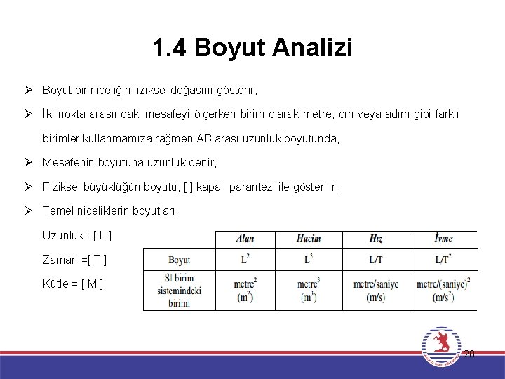 1. 4 Boyut Analizi Ø Boyut bir niceliğin fiziksel doğasını gösterir, Ø İki nokta