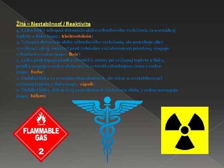 Žltá – Nestabilnosť / Reaktivita 4. Látka ľahko schopná detonácie alebo výbuchového rozloženia za