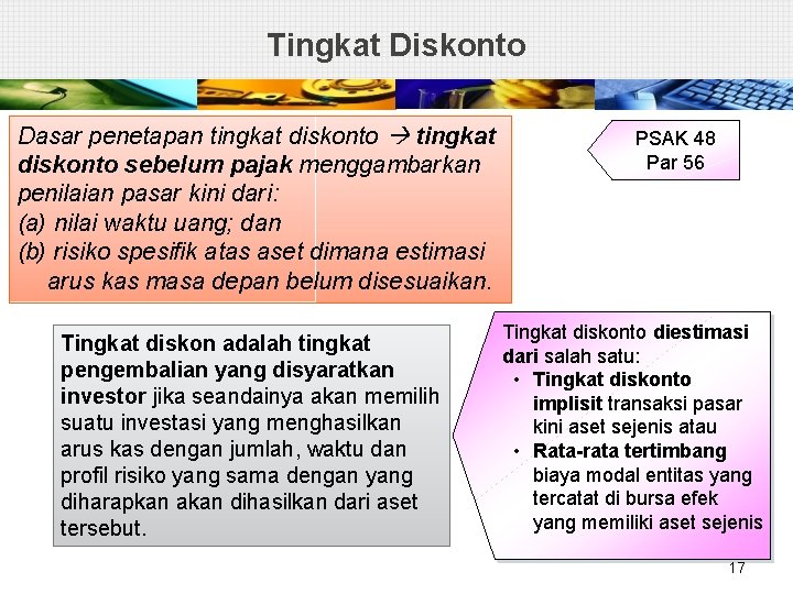 Tingkat Diskonto Dasar penetapan tingkat diskonto sebelum pajak menggambarkan penilaian pasar kini dari: (a)