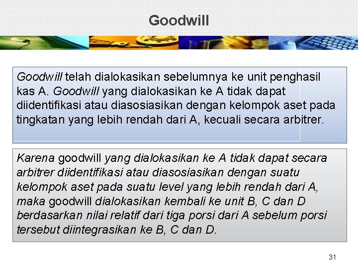 Goodwill telah dialokasikan sebelumnya ke unit penghasil kas A. Goodwill yang dialokasikan ke A