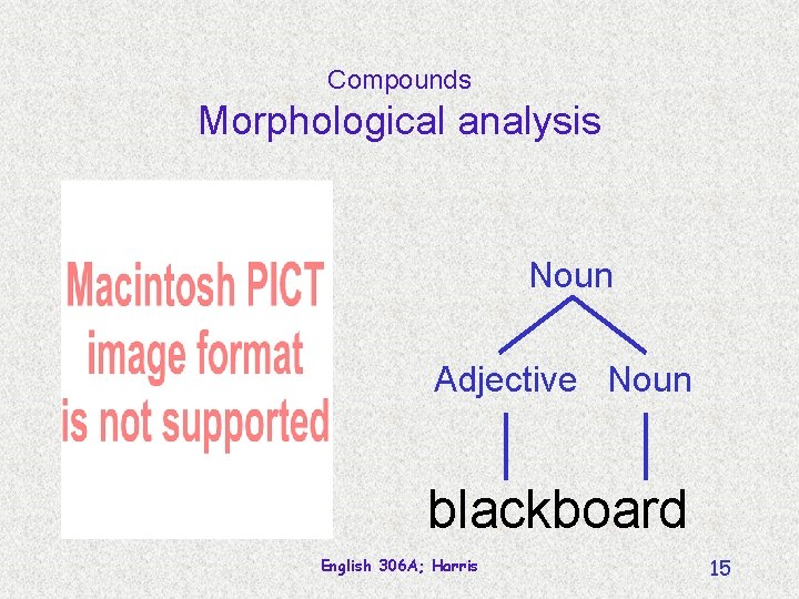 Compounds Morphological analysis Noun Adjective Noun blackboard English 306 A; Harris 15 