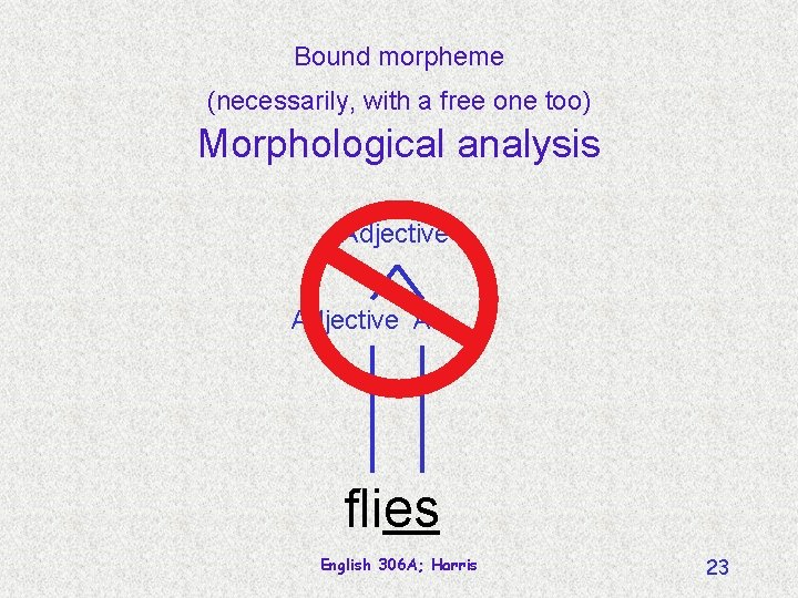Bound morpheme (necessarily, with a free one too) Morphological analysis Adjective Af flies English