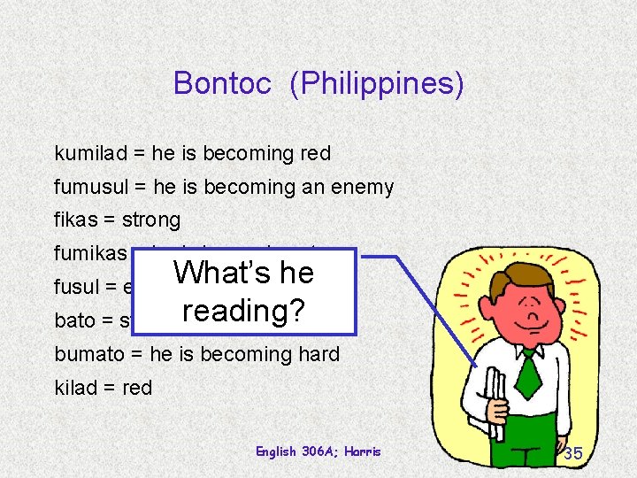 Bontoc (Philippines) kumilad = he is becoming red fumusul = he is becoming an