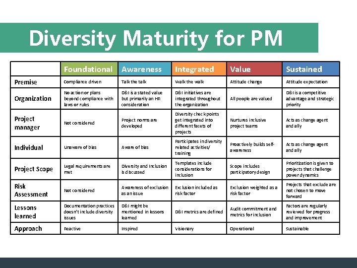 Diversity Maturity for PM Foundational Awareness Integrated Value Sustained Premise Compliance driven Talk the