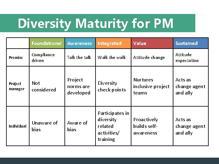 Diversity Maturity for PM Foundational Awareness Integrated Value Sustained Premise Compliance driven Talk the