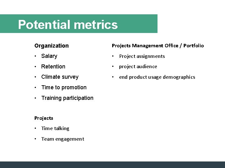Potential metrics Organization Projects Management Office / Portfolio • Salary • Project assignments •