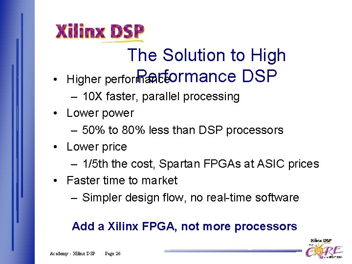  • The Solution to High Performance DSP Higher performance – 10 X faster,