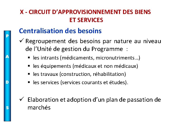 X - CIRCUIT D’APPROVISIONNEMENT DES BIENS ET SERVICES P A D S Centralisation des