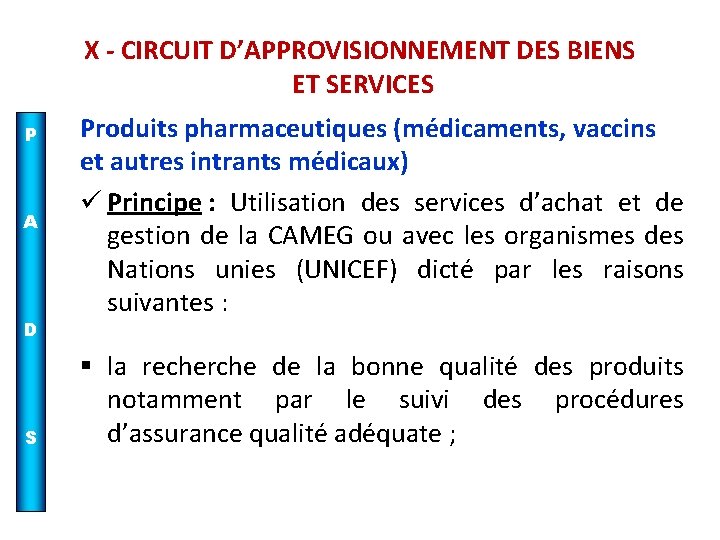 X - CIRCUIT D’APPROVISIONNEMENT DES BIENS ET SERVICES P A D S Produits pharmaceutiques