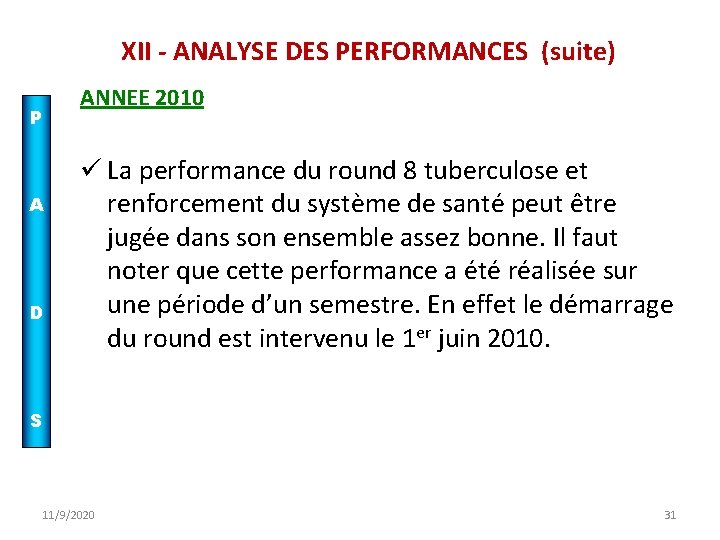  XII - ANALYSE DES PERFORMANCES (suite) ANNEE 2010 P A D ü La