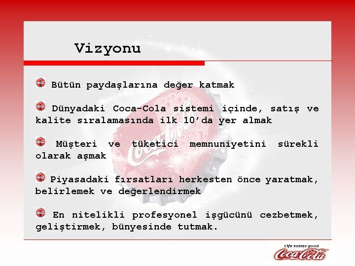 Vizyonu Bütün paydaşlarına değer katmak Dünyadaki Coca-Cola sistemi içinde, satış ve kalite sıralamasında ilk