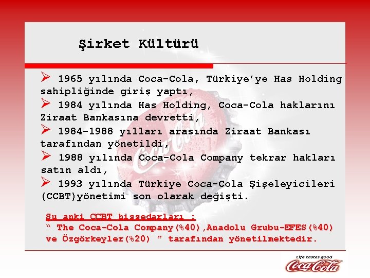 Şirket Kültürü Ø 1965 yılında Coca-Cola, Türkiye’ye Has Holding sahipliğinde giriş yaptı, Ø 1984