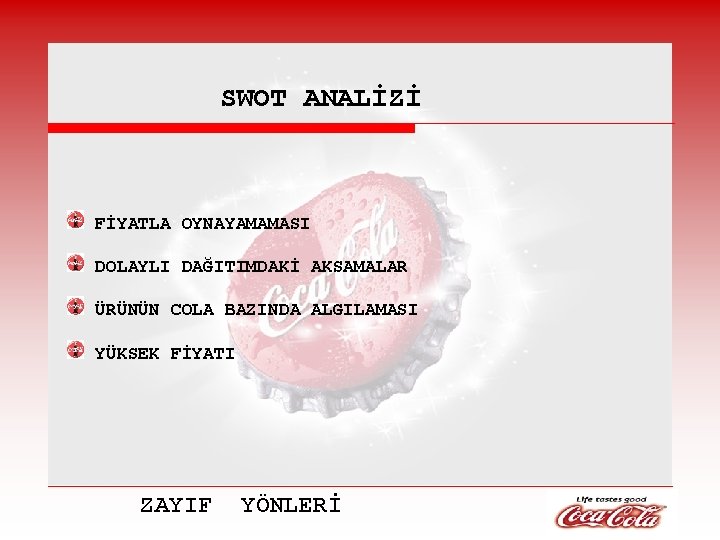 SWOT ANALİZİ FİYATLA OYNAYAMAMASI DOLAYLI DAĞITIMDAKİ AKSAMALAR ÜRÜNÜN COLA BAZINDA ALGILAMASI YÜKSEK FİYATI ZAYIF