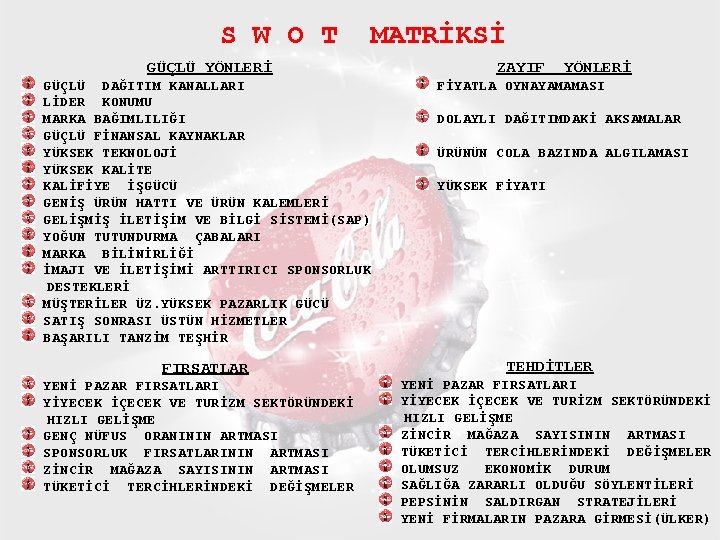 S W O T MATRİKSİ GÜÇLÜ YÖNLERİ GÜÇLÜ DAĞITIM KANALLARI LİDER KONUMU MARKA BAĞIMLILIĞI
