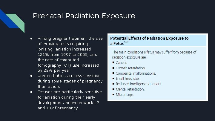 Prenatal Radiation Exposure ● ● ● Among pregnant women, the use of imaging tests