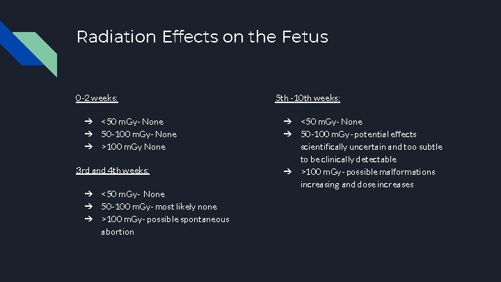 Radiation Effects on the Fetus 0 -2 weeks: ➔ <50 m. Gy- None ➔