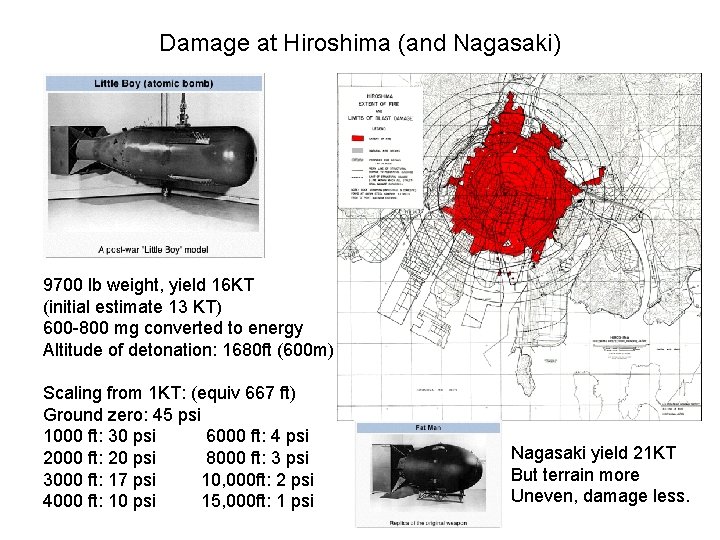 Damage at Hiroshima (and Nagasaki) 9700 lb weight, yield 16 KT (initial estimate 13