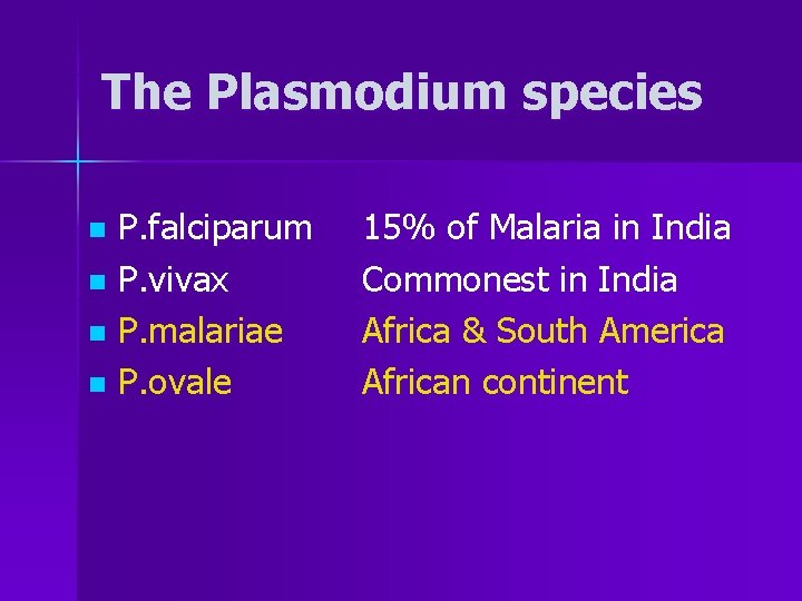 The Plasmodium species P. falciparum n P. vivax n P. malariae n P. ovale