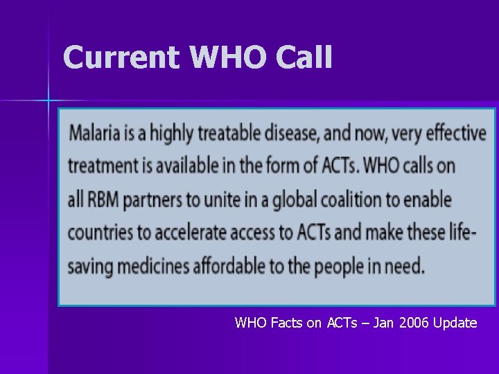 Current WHO Call WHO Facts on ACTs – Jan 2006 Update 