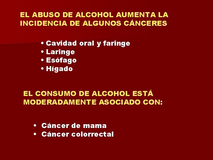 EL ABUSO DE ALCOHOL AUMENTA LA INCIDENCIA DE ALGUNOS CÁNCERES • Cavidad oral y