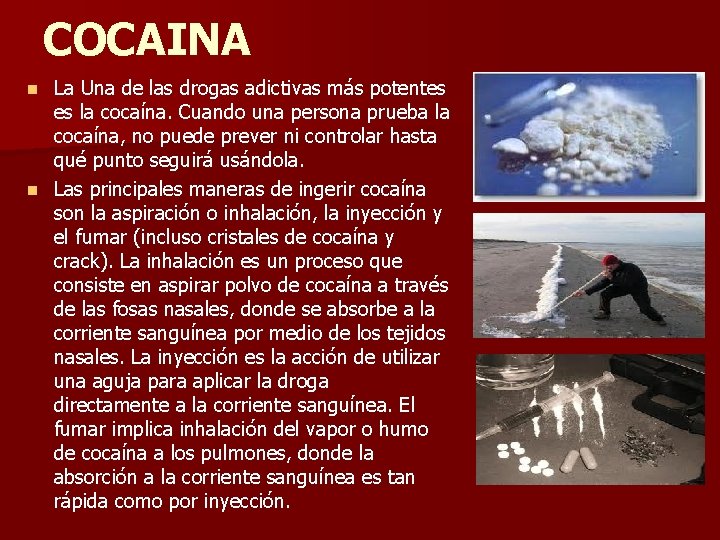 COCAINA La Una de las drogas adictivas más potentes La es la cocaína. Cuando