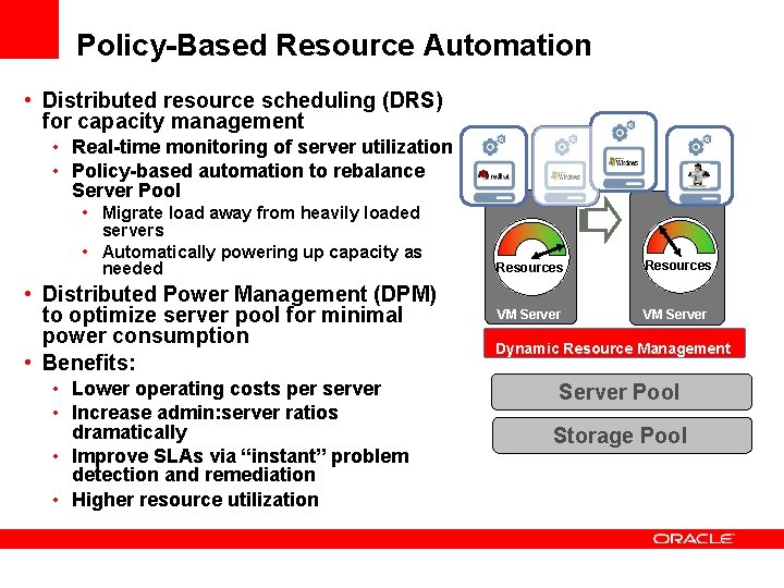 Policy-Based Resource Automation • Distributed resource scheduling (DRS) for capacity management • Real-time monitoring