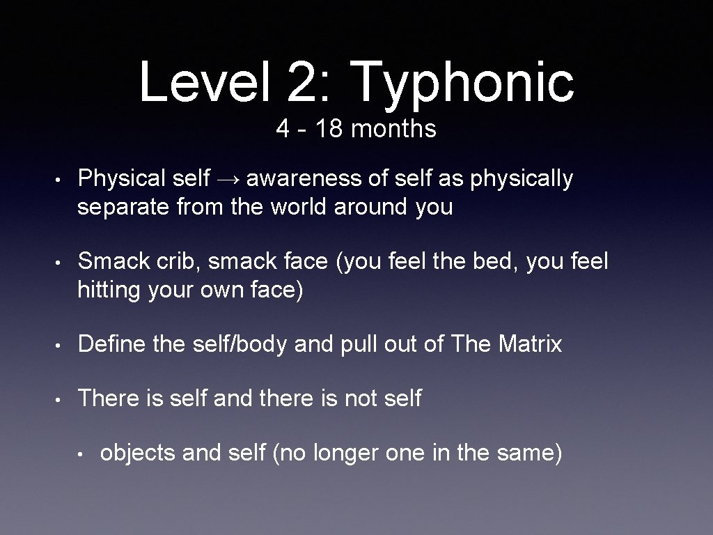 Level 2: Typhonic 4 - 18 months • Physical self → awareness of self