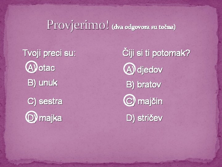 Provjerimo! (dva odgovora su točna) Tvoji preci su: Čiji si ti potomak? A) otac