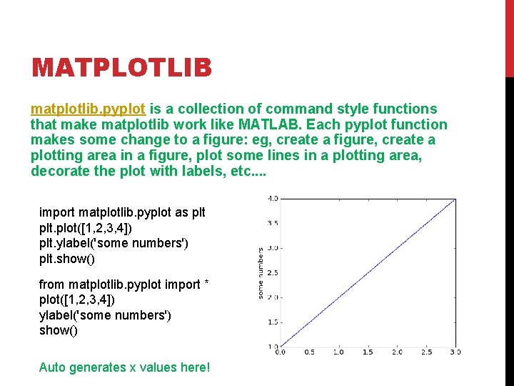 MATPLOTLIB matplotlib. pyplot is a collection of command style functions that make matplotlib work