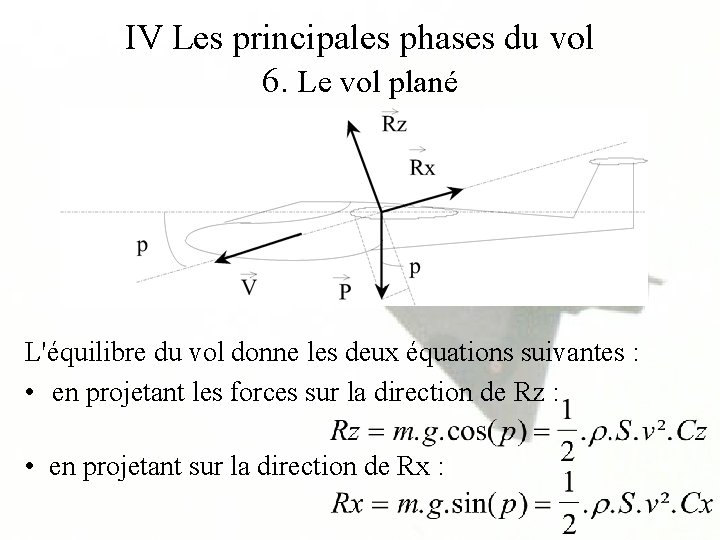 IV Les principales phases du vol 6. Le vol plané L'équilibre du vol donne