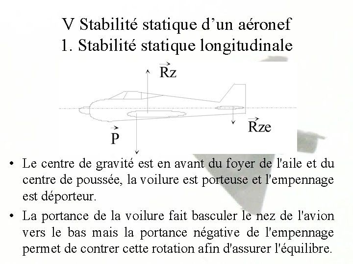 V Stabilité statique d’un aéronef 1. Stabilité statique longitudinale • Le centre de gravité