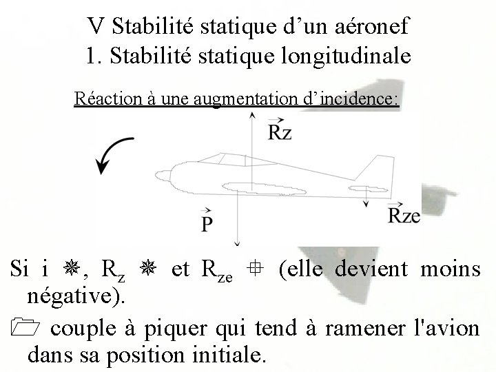 V Stabilité statique d’un aéronef 1. Stabilité statique longitudinale Réaction à une augmentation d’incidence: