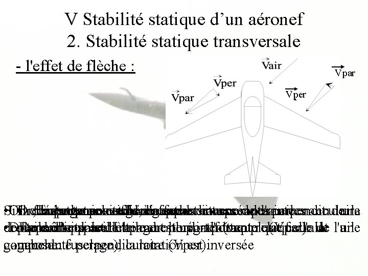 V Stabilité statique d’un aéronef 2. Stabilité statique transversale - l'effet de flèche :