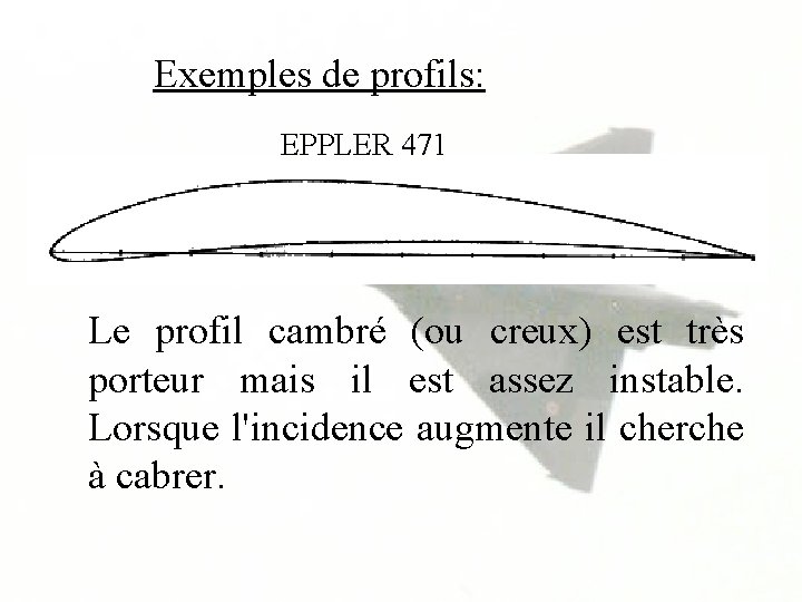 Exemples de profils: EPPLER 471 Le profil cambré (ou creux) est très porteur mais