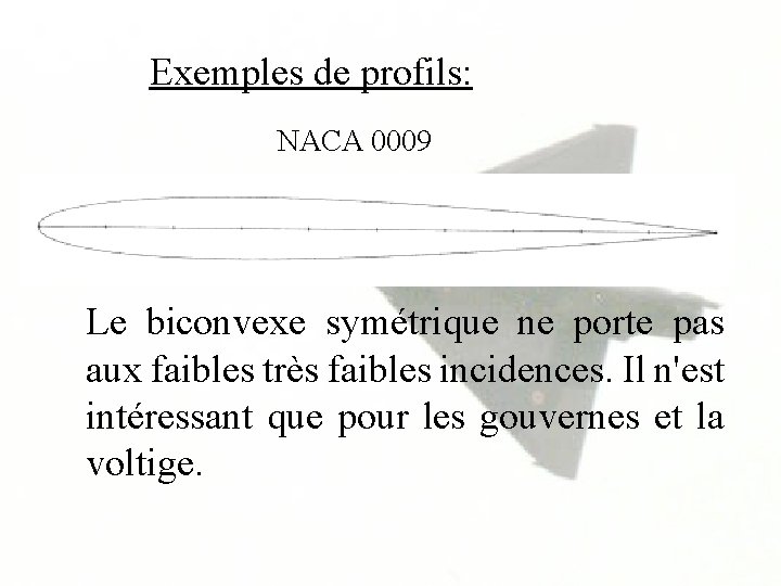 Exemples de profils: NACA 0009 Le biconvexe symétrique ne porte pas aux faibles très