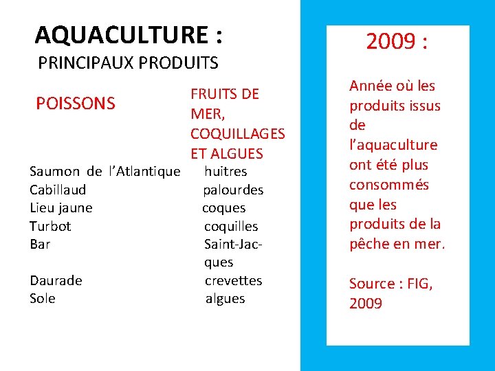 AQUACULTURE : PRINCIPAUX PRODUITS 2009 : Année où les FRUITS DE POISSONS produits issus