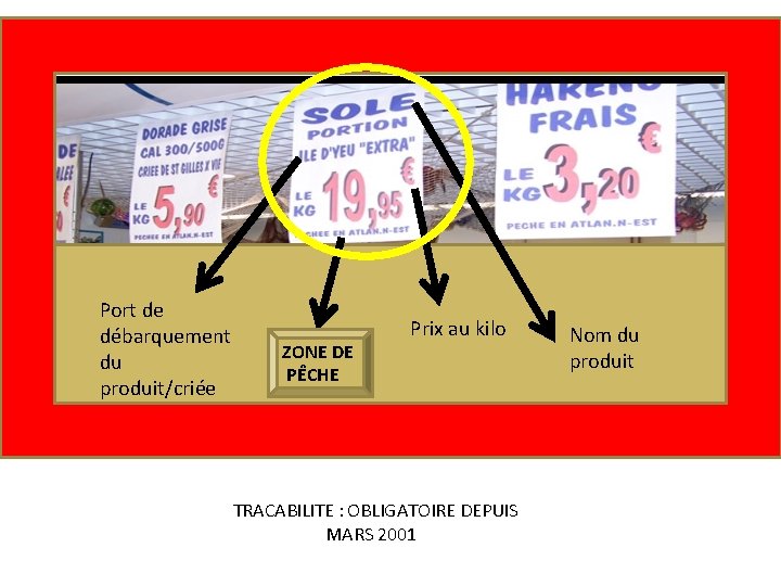 Port de débarquement du produit/criée ZONE DE PÊCHE Prix au kilo TRACABILITE : OBLIGATOIRE