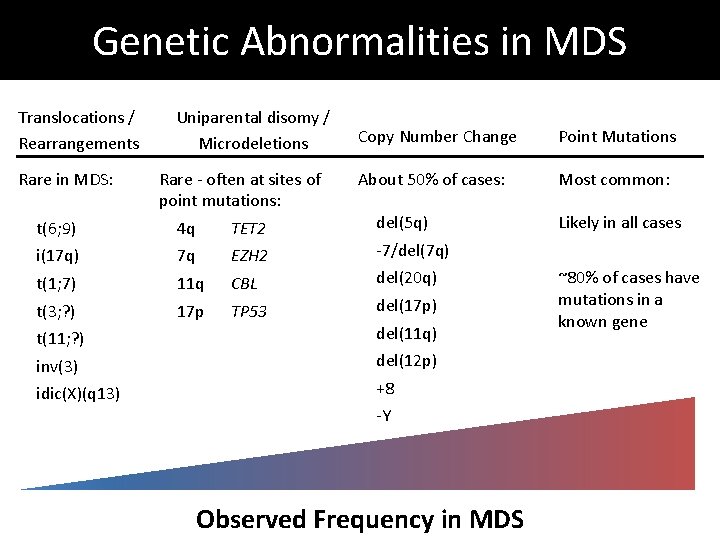 Genetic Abnormalities in MDS Translocations / Rearrangements Rare in MDS: Uniparental disomy / Microdeletions