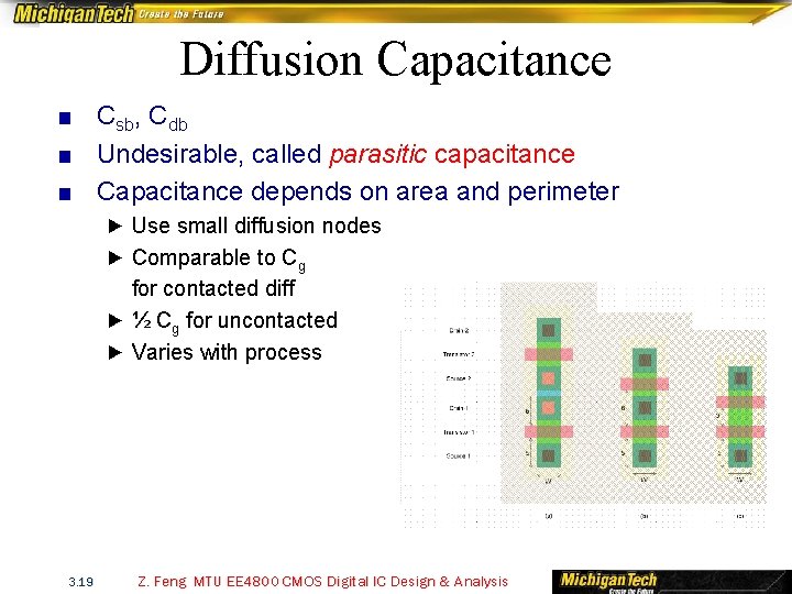 Diffusion Capacitance ■ Csb, Cdb ■ Undesirable, called parasitic capacitance ■ Capacitance depends on