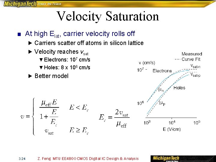 Velocity Saturation ■ At high Elat, carrier velocity rolls off ► Carriers scatter off