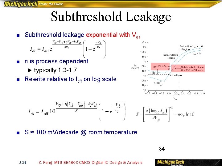 Subthreshold Leakage ■ Subthreshold leakage exponential with Vgs ■ n is process dependent ►