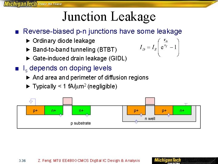 Junction Leakage ■ Reverse-biased p-n junctions have some leakage ► Ordinary diode leakage ►