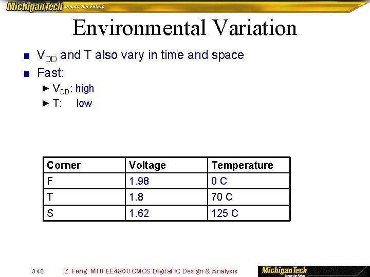 Environmental Variation ■ VDD and T also vary in time and space ■ Fast: