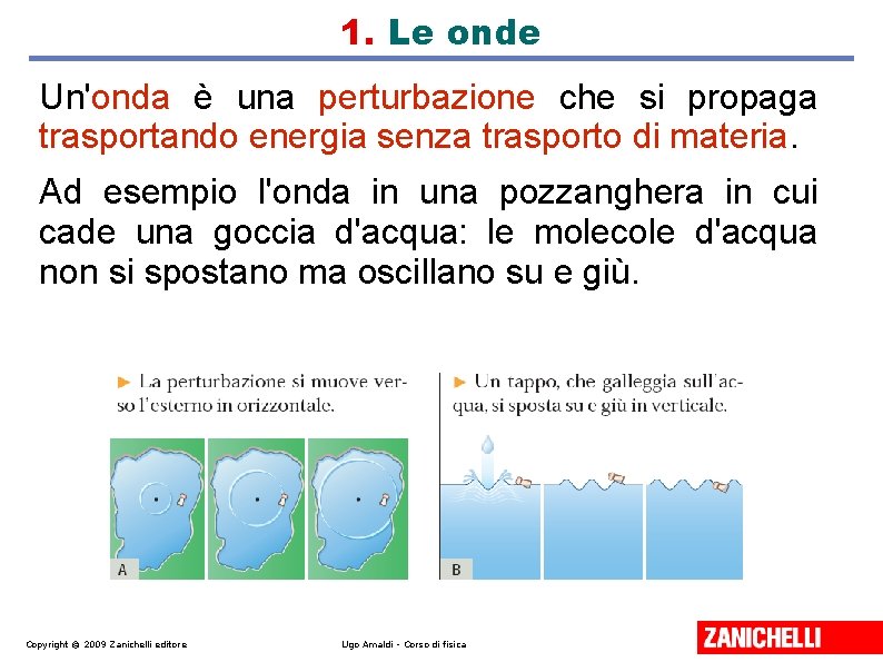 1. Le onde Un'onda è una perturbazione che si propaga trasportando energia senza trasporto