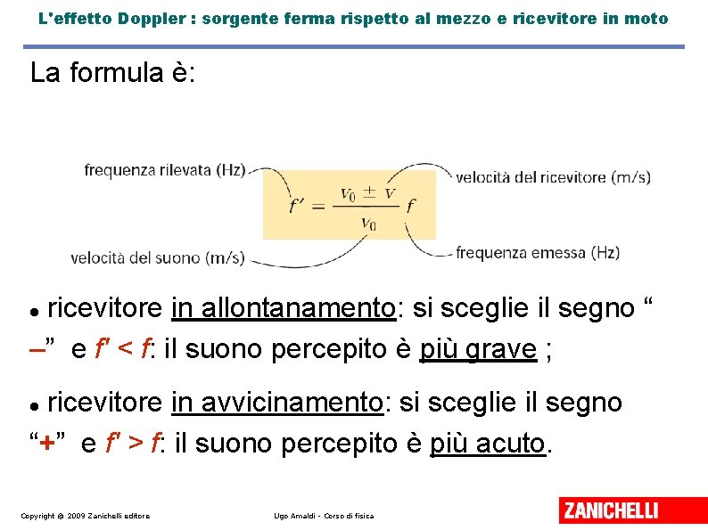 L'effetto Doppler : sorgente ferma rispetto al mezzo e ricevitore in moto La formula