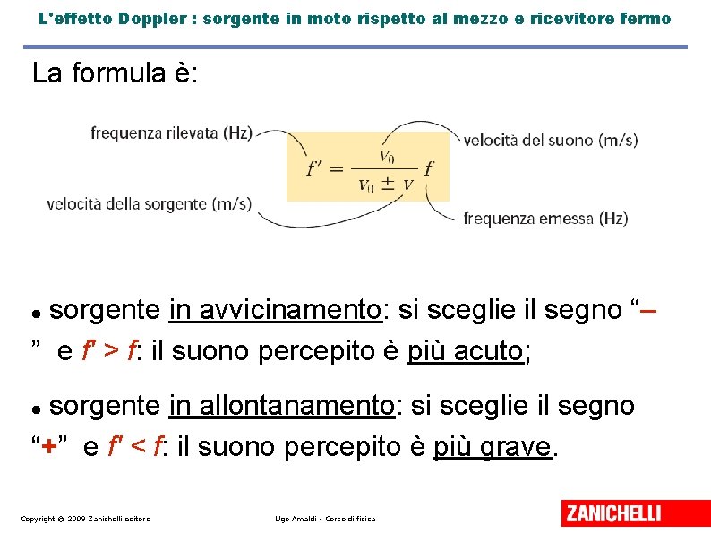 L'effetto Doppler : sorgente in moto rispetto al mezzo e ricevitore fermo La formula