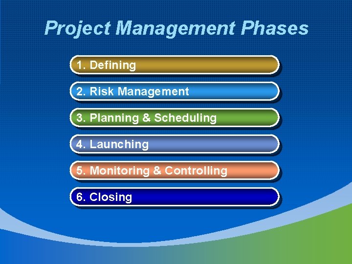 Project Management Phases 1. Defining 2. Risk Management 3. Planning & Scheduling 4. Launching